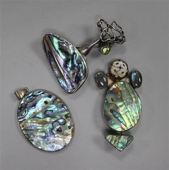 Three items of Abalone shell jewellery including sterling silver.